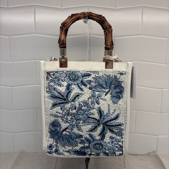 Viral Beaded Satchel bag w/ Bamboo Handles - Made in India - Blue and White - Picture 1 of 12